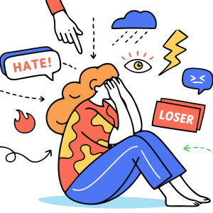 Graphic of woman crying with hateful words surrounding her. Signifying cyberbullying.